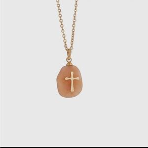 Gold Cross Pendant Necklace with Tan Stone
